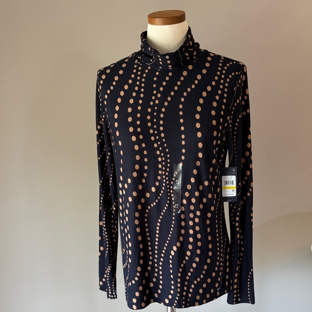 NWT Tommy Hilfiger midnight blue Tan Polka Dot Turtleneck Top rayon stretch Med